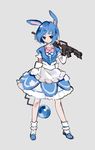  absurdres animal_ears azumarill bangs blue_eyes blue_hair bow bunny_ears dress frills gen_2_pokemon gloves grey_background gun highres holding machine_gun mizushirazu over_shoulder personification pink_bow pokemon shoes short_hair simple_background socks solo tail twitch_plays_pokemon weapon weapon_over_shoulder 