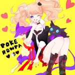  ;) blue_eyes boots bow breasts cleavage crossover danganronpa danganronpa_1 enoshima_junko gen_3_pokemon gen_5_pokemon hair_ornament liepard long_hair mattya_uni medium_breasts monokuma nail_polish necktie one_eye_closed pink_hair pokemon pokemon_(creature) sableye school_uniform skirt sleeves_rolled_up smile spoilers twintails 