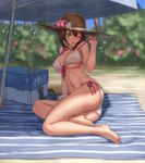 2014 ;p alternate_costume ass barefoot bikini blush breasts brown_hair covered_nipples dated day flower front-tie_top full_body green_eyes hat hat_flower highres jewelry kantai_collection large_breasts mutsu_(kantai_collection) navel necklace one_eye_closed qingmingtongzi shade short_hair side-tie_bikini solo strap_gap string_bikini sun_hat swimsuit toenail_polish tongue tongue_out umbrella 