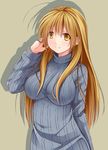  ahoge blonde_hair blush breasts creek_(moon-sky) large_breasts long_hair looking_at_viewer original revision ribbed_sweater smile solo sweater yellow_eyes 
