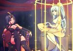  5-ish arm_support black_hair black_legwear blue_eyes blue_hair blush breasts cage cleavage emilia_leblanc instrument large_breasts league_of_legends leotard long_hair multiple_girls short_hair sitting smirk sona_buvelle thighhighs twintails yellow_eyes 