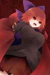  arano_oki bow breasts cape fang from_below hair_bow large_breasts open_mouth red_eyes red_hair sekibanki short_hair skirt solo touhou 