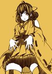  ahoge brown_hair detached_sleeves double_bun hair_ornament hairband headgear japanese_clothes kantai_collection kongou_(kantai_collection) kouji_(campus_life) long_hair looking_at_viewer monochrome nontraditional_miko pleated_skirt skirt solo thighhighs yellow zettai_ryouiki 