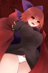  arano_oki blush bow bow_panties breasts cape fang from_below hair_bow large_breasts open_mouth panties red_eyes red_hair sekibanki short_hair solo touhou underwear white_panties 