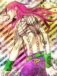  diavolo fishnets highres jojo_no_kimyou_na_bouken lipstick long_hair makeup male_focus pink_hair solo tattoo tit_horse 