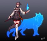  animal_ears bad_id bad_pixiv_id black_dress blue_fire breasts brown_hair cleavage dress fire grey_background hair_ornament hair_stick highres jjune korean_clothes large_breasts long_sleeves original solo tail thighhighs white_legwear wolf wolf_ears wolf_tail yellow_eyes zettai_ryouiki 