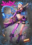  bare_shoulders belt blue_hair braid bullet character_name fingerless_gloves gatling_gun gloves grin gun highres jewelry jinx_(league_of_legends) league_of_legends long_hair pink_eyes shell_casing short_shorts shorts smile solo tako_seijin tattoo thighhighs twin_braids very_long_hair weapon 