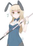  animal_ears bad_id bad_pixiv_id blonde_hair bunny_ears bunny_girl bunny_tail bunnysuit cue_stick glasses highres long_hair pantyhose perrine_h_clostermann seedflare solo strike_witches sweatdrop tail world_witches_series wrist_cuffs yellow_eyes 