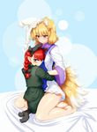  animal_ears barefoot blonde_hair blush bow breasts cat_ears cat_tail extra_ears fox_ears fox_tail hair_bow hat hug kaenbyou_rin large_breasts long_hair looking_at_viewer mizuga multiple_girls multiple_tails pointy_ears red_eyes red_hair revision short_hair smile straddling tail touhou upright_straddle yakumo_ran yellow_eyes yuri 