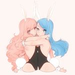  2girls animal_ears bare_shoulders blue_eyes blue_hair blush breast_press breasts bunny_ears bunny_girl bunny_tail bunnysuit detached_collar elin_(tera) leotard long_hair looking_at_viewer multiple_girls naso4 pink_eyes pink_hair small_breasts smile symbol-shaped_pupils symmetrical_docking tail tera_online wrist_cuffs 