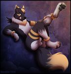  4_toes abstract_background anthro balls black_nose canine chest_tuft digitigrade fur hindpaw leg_grab legs_up licking licking_lips lips looking_away lying male mammal nude on_back pawpads paws rarakie sheath slit_pupils soles solo toes tongue tongue_out tuft 