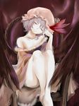  alternate_wings bare_shoulders barefoot chair closed_eyes dress feathered_wings flower fur_trim hat hat_flower hi-yo lavender_hair off_shoulder remilia_scarlet short_hair sitting smile solo touhou wings 