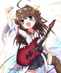  :d ahoge ayakashi_(monkeypanch) blue_eyes brown_hair detached_sleeves double_bun fang guitar hairband hands_up highres instrument kantai_collection kongou_(kantai_collection) long_hair nontraditional_miko open_mouth plectrum sketch smile solo v-shaped_eyebrows 