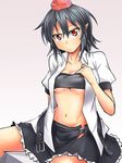  ashiroku_(miracle_hinacle) bandeau belt black_bra black_hair black_panties bra breasts cleavage gradient gradient_background grey_panties groin hat highres looking_at_viewer medium_breasts midriff navel open_clothes open_mouth open_shirt open_skirt panties pantyshot pantyshot_(sitting) pointy_ears puffy_sleeves red_eyes shameimaru_aya shirt short_sleeves sitting skirt solo stomach strapless tokin_hat touhou underboob underwear 