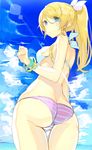  absurdres ass ayase_eli bikini blonde_hair blue_eyes bracelet cloud day from_behind hajime_kaname highres jewelry long_hair looking_back love_live! love_live!_school_idol_project ponytail solo striped striped_bikini swimsuit thigh_gap trefoil 