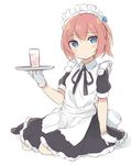  alternate_costume apron bad_id bad_pixiv_id blue_eyes blush_stickers cup drinking_glass enmaided gloves highres holding kantai_collection light_brown_hair looking_at_viewer maid maid_apron maid_headdress shiranui_(kantai_collection) short_hair short_sleeves simple_background sitting solo totoki86 tray white_background white_gloves yokozuwari 