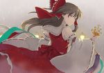  anime_coloring armpits backlighting bell bow brown_eyes brown_hair cloud cloudy_sky cowboy_shot detached_sleeves from_behind hair_bow hair_tubes hakurei_reimu jingle_bell kagura_suzu long_hair looking_at_viewer looking_back parted_lips rain ribbon ribbon-trimmed_sleeves ribbon_trim sidelocks skirt skirt_set sky solo stone_lantern touhou watase_rei wind 