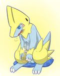  balls barefoot blush bottle breath claws erection feral fur looking_down male manectric nintendo nude open_mouth peeing penis pillow pok&#233;mon pok&eacute;mon sharp_claws sitting solo toe_claws tongue unknown_artist urine video_games 