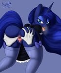  anthro anthrofied anus blue_background blue_eyes blue_fur blue_hair boltswift butt butt_grab clothing disembodied_hand equine eyelashes female fingers friendship_is_magic fur hair half-closed_eyes hands legwear long_hair looking_back maid_uniform mammal my_little_pony panting plain_background princess_luna_(mlp) pussy pussy_juice saliva solo spread_pussy spreading stockings tongue tongue_out white_background 
