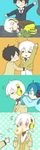  &gt;_&lt; 2boys 4koma =_= alternate_costume bad_id bad_pixiv_id black_eyes black_hair blue_eyes blue_hair bread chibi closed_eyes comic dinosaur dressing egg ene_(kagerou_project) food headphones highres jacket kagerou_project kisaragi_shintarou konoha_(kagerou_project) multiple_boys necktie pink_eyes ponytail school_uniform short_hair sleepy sleeves_past_wrists stuffed_toy sweat sweater twintails white_hair 