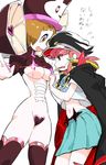  bad_id bad_pixiv_id banchou breasts cosplay costume_switch gyosone hat highres jakuzure_nonon jakuzure_nonon_(cosplay) kill_la_kill large_breasts mankanshoku_mako mankanshoku_mako_(cosplay) midriff multiple_girls navel pink_hair revealing_clothes shako_cap skirt strapless_bottom symphony_regalia translated underboob 