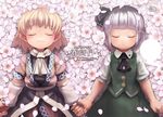  blonde_hair closed_eyes flower grey_hair holding_hands konpaku_youmu mizuhashi_parsee multiple_girls nekoita petals pointy_ears scarf short_hair smile touhou 