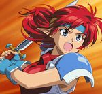  90s action armor blue_eyes blue_headband breastplate fingerless_gloves gloves headband long_hair mail_(popful_mail) open_mouth pointy_ears popful_mail red_hair shoulder_armor solo spaulders sword teeth teritama upper_body weapon 