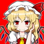  ascot blonde_hair blush collarbone eruru_(erl) flandre_scarlet hand_in_hair hat hat_ribbon highres looking_at_viewer mob_cap outline puffy_short_sleeves puffy_sleeves red_background red_eyes ribbon short_hair short_sleeves side_ponytail simple_background smile solo touhou upper_body wings 