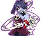  blue_hair blue_skin breasts cleavage hair_over_one_eye hua113 leviathan_(skullgirls) long_hair medium_breasts musical_note outline red_eyes sideboob skull skullgirls smile squigly_(skullgirls) zombie 