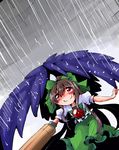  arm_cannon bird_wings brown_hair cloud cloudy_sky commentary hair_bun highres long_hair puffy_sleeves rain red_eyes reiuji_utsuho shinapuu shirt short_sleeves skirt sky smile smug solo third_eye touhou umbrella very_long_hair weapon wing_umbrella wings 