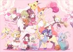  3boys alternate_form arceus bad_id bad_pixiv_id balloon basketball bel_(pokemon) black_hair blonde_hair book brown_hair casual celebi character_doll cheren_(pokemon) darkrai deoxys diancie dress gen_1_pokemon gen_2_pokemon gen_3_pokemon gen_4_pokemon gen_5_pokemon gen_6_pokemon genesect glasses green_hair jirachi kabocha_torute keldeo legendary_pokemon manaphy meloetta mew multiple_boys multiple_girls n_(pokemon) origami paper_hat paper_kabuto phione pikachu pink pink_background pokemon pokemon_(creature) pokemon_(game) pokemon_bw reading shaymin shorts sleeping touko_(pokemon) touya_(pokemon) victini younger 