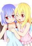  bat_wings blonde_hair blue_hair fang flandre_scarlet hair_down hand_on_another's_chest hand_on_another's_hip hand_on_own_chest holding_hands multiple_girls murakami4949 no_hat no_headwear one_eye_closed open_mouth red_eyes remilia_scarlet short_hair siblings sisters touhou wings 