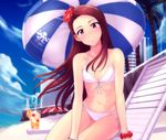  bare_shoulders beach beach_umbrella bikini brown_hair chair cloud crazy_straw day drink drinking_straw flower food front-tie_top fruit hair_flower hair_ornament hairband heart_straw hibiscus highres horizon idolmaster idolmaster_(classic) lighthouse long_hair looking_at_viewer lounge_chair md5_mismatch minase_iori ocean orange orange_slice outdoors parted_lips purple_eyes side-tie_bikini sitting sky solo swimsuit tropical_drink tsurui umbrella 