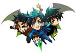  4boys batman_(series) black_hair blue_eyes bodysuit boots brothers cape carry carrying damian_wayne dc_comics dick_grayson family frown gloves jacket jason_todd male male_focus multiple_boys nightwing red_hood red_hood_(dc) robin_(dc) siblings star tim_drake 