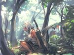 animal_ears bare_arms barefoot breasts forest glowing glowing_eyes highres inubashiri_momiji medium_breasts melon22 nature planted_sword planted_weapon red_eyes shirt sideboob silver_hair skirt sleeveless sleeveless_shirt solo squatting sword tail touhou weapon wolf_ears wolf_tail 