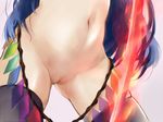  belly black_legwear blue_hair censored close-up commentary_request hi-yo hinanawi_tenshi long_hair mosaic_censoring navel nude pointless_censoring pussy solo sword_of_hisou thighhighs touhou 