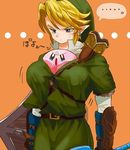  bad_id bad_pixiv_id blonde_hair blue_eyes breast_padding earrings gloves hat jewelry kirby kirby_(series) link lowres noaki pointy_ears shield super_smash_bros. sword the_legend_of_zelda the_legend_of_zelda:_twilight_princess weapon 