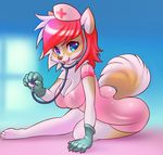  breasts canine cleavage clothed clothing cute dog dress female gloves looking_at_viewer mammal nurse nurse_hat rubber sif skimpy solo stethoscope tight_clothing 
