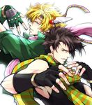  bad_id bad_pixiv_id black_hair blonde_hair brown_hair caesar_anthonio_zeppeli fingerless_gloves gloves green_eyes green_jacket head_wings highres jacket jojo_no_kimyou_na_bouken joseph_joestar_(young) multiple_boys suna_ko1 