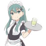  alternate_costume apron aqua_eyes aqua_hair bad_id bad_pixiv_id black_neckwear blush_stickers cup drinking_glass eighth_note enmaided hair_ornament hairclip holding kantai_collection long_hair looking_at_viewer maid maid_apron maid_headdress musical_note necktie short_sleeves simple_background smile solo standing suzuya_(kantai_collection) totoki86 tray white_background 