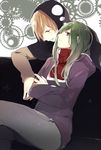  1girl blonde_hair couch green_hair hood hoodie kagerou_project kano_shuuya kido_tsubomi long_hair prin_dog red_eyes short_hair 