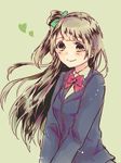  blazer blush green_background green_ribbon hair_ribbon heart jacket light_brown_eyes light_brown_hair long_hair looking_at_viewer love_live! love_live!_school_idol_project minami_kotori neck_ribbon one_side_up otonokizaka_school_uniform ribbon school_uniform shiki_hinako simple_background smile solo striped striped_ribbon 