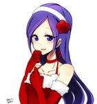  adapted_costume aono_miki bare_shoulders blush choker christmas detached_sleeves dress elbow_gloves eyelashes flower fresh_precure! fur fur_trim gloves hair_flower hair_ornament hairband long_hair looking_at_viewer lowres open_mouth precure purple_eyes purple_hair red_dress red_gloves shijima_(agkm) simple_background solo translation_request white_background 