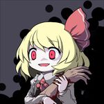  :d aratami_isse arm blonde_hair blood blood_on_fingers blood_stain bloody_clothes bloody_hands blouse darkness evil_smile fang hair_ribbon open_mouth red_eyes ribbon rumia short_hair smile touhou vest 