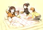  3girls :d ^_^ absurdres animal_hood blanket closed_eyes hair_bobbles hair_ornament hentai_ouji_to_warawanai_neko. highres hood hoodie mother_and_daughter multiple_girls open_mouth pillow ponytail siblings sisters skirt smile tsutsukakushi_tsukasa tsutsukakushi_tsukiko tsutsukakushi_tsukushi what_if yokodera_youto 