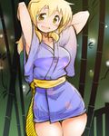  :d arms_up blonde_hair blue_kimono blush breasts cowboy_shot hidamari_sketch japanese_clothes kagami_uekusa kimono large_breasts long_hair miyako obi open_mouth ponytail sash smile solo thigh_gap thighs yellow_eyes yukata 