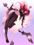  belt black_pants breasts citemer cleavage dagger flower gloves highres holding holding_weapon jacket katarina_du_couteau large_breasts league_of_legends long_hair looking_at_viewer midriff navel pants red_eyes red_hair scar smile solo weapon 