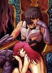  androgynous andromeda_shun armor blue_hair brothers guilchii hades nude phoenix_ikki red_hair saint_seiya siblings sitting throne 