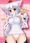  animal_ears blush breasts cover cover_page detached_sleeves doujin_cover hat inubashiri_momiji large_breasts nagana_sayui one-piece_swimsuit open_mouth red_eyes school_swimsuit short_hair silver_hair skirt skirt_pull smile solo swimsuit tail tokin_hat touhou white_swimsuit wolf_ears wolf_tail 