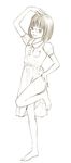  barefoot dress full_body glasses hand_on_hip hand_on_own_head monochrome original pose short_hair sketch smile solo standing standing_on_one_leg traditional_media yoshitomi_akihito 